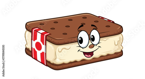 Delicious ice cream sandwich with a happy face ready to eat.