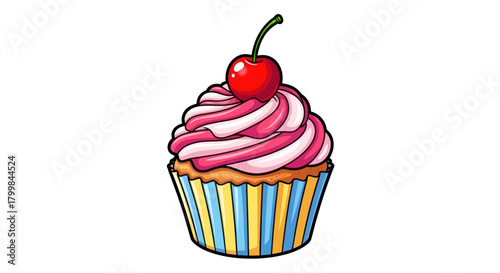 Delicious cupcake with pink and white frosting topped with a cherry.