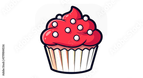 Delicious cupcake with red frosting and white sprinkles is appetizing.