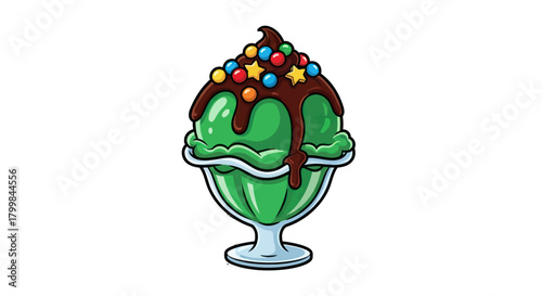 Delicious green ice cream sundae with chocolate sauce and sprinkles.