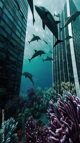 Surreal underwater cityscape with dolphins swimming around coral reefs and skyscrapers