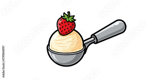 Delicious ice cream scoop with a fresh strawberry on top.