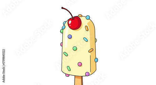 Delicious ice cream popsicle with sprinkles and a cherry on top.