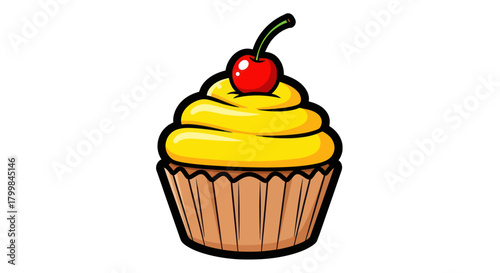 Delicious cupcake with yellow frosting and a cherry on top, a sweet treat.