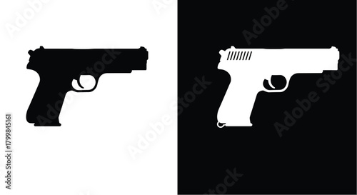 Black and white pistol silhouette vector illustration, handgun contrast design showing firearm side view, security, defense, safety, police weapon, and military concept