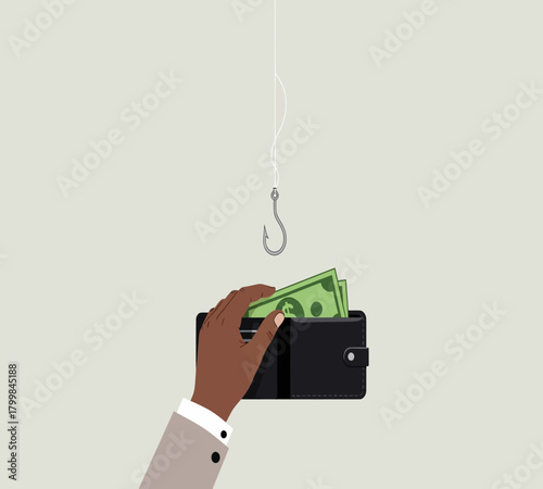 Illustration of a hand reaches for money on a fishing hook, illustrating financial risk and the temptation of quick gains, isolated on white background