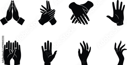 Collection of eight black silhouette hand gestures and poses on a white background