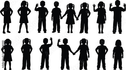 Children silhouette vector illustration, diverse kids in playful poses, standing and waving artwork, educational design concept, social interaction, cultural diversity representation