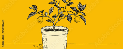 A small plant in a white pot sits on a yellow table. The plant is a lemon tree and the pot is filled with soil. The image has a vintage feel to it