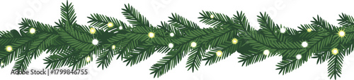Christmas pine garland illustration with glowing string lights and layered needles in festive black vector style