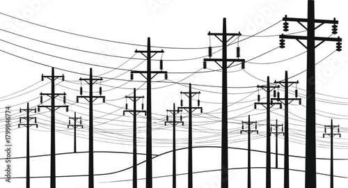 Dense utility poles with multiple power lines silhouette vector, electricity distribution infrastructure illustration, energy system artwork, electrical grid concept, layered hilly landscape design