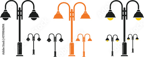 Double headed street lamp silhouettes vector, stylized urban lighting illustration, dome shaped fixtures artwork, infrastructure design concept, illuminated bulbs, modern city lighting aesthetics