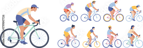 Cyclist illustration set with diverse people riding bicycles in motion, wearing casual and athletic outfits in vector style
