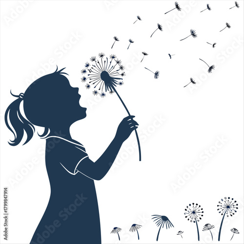 girl blows dandelion silhouette vector illustration EPS10