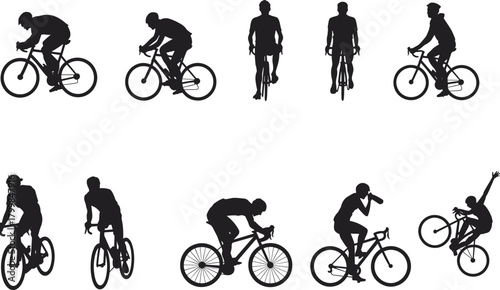 Cyclist silhouette set with riders in motion, wheelie, drinking, and expressive biking poses in black vector style
