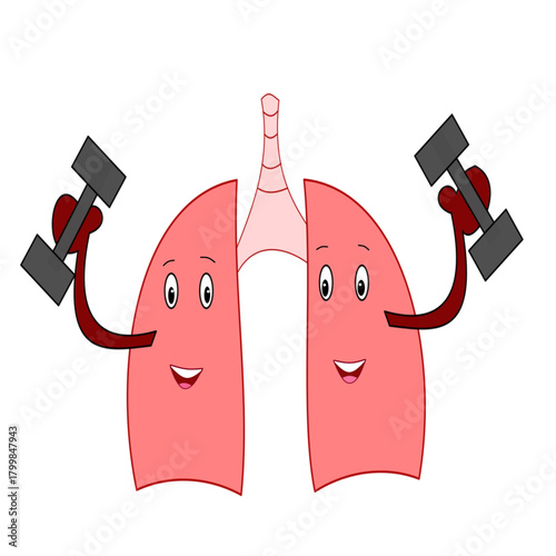 lungs pair holding dumb bells exercise gym object on hands character funny concept of exercise for lung health.eps