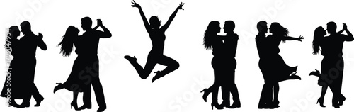 Dancing silhouette set with romantic couples and one joyful solo dancer in expressive poses in black vector style