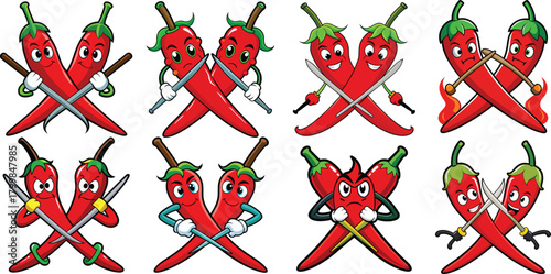 hot chili peppers vector icons sate illustration with crossing sword 