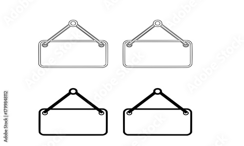 Blank hanging rectangular shop sign vector set, empty store signboard mockup templates, business, open, closed, or message display graphic element collection in outline and solid style.