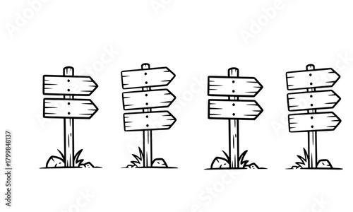 Hand drawn wooden signpost direction arrows doodle set, four empty blank rustic wood plank sign boards for navigation, hiking, trail, or information display illustration.