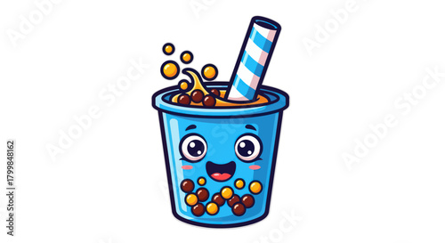 Cute Cartoon Bubble Tea Drink with Happy Face and Straw.