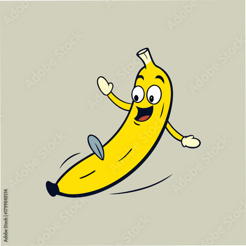 Joyful cartoon banana character waving happily with arms outstretched