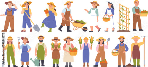 Farmer and gardener cartoon set with tools, vegetables, planting, harvesting, wheelbarrows, and trellis in black vector style