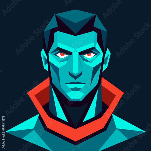Stylized geometric portrait of a blue skinned man with red eyes and collar