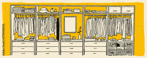 A yellow and white drawing of a closet with clothes hanging on the racks. The closet is full of clothes and has a mirror on the wall