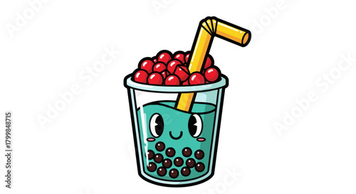 Cute Kawaii Boba Tea Drink with Happy Face and Straw.