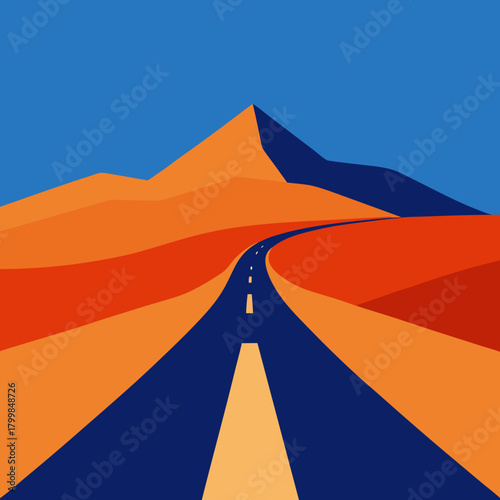 Stylized desert road leading towards majestic mountains under a clear blue sky