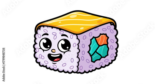 Cute sushi roll with a smiling face and colorful details.