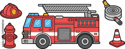 Firefighting gear illustration set with fire truck, helmet, hydrant, hose, cone, and nozzle in cartoon vector style