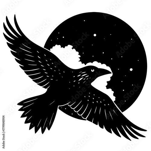 Silhouette of a crow flying against a starry night sky and moon