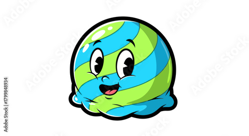 Cute cartoon ice cream scoop character with happy face.