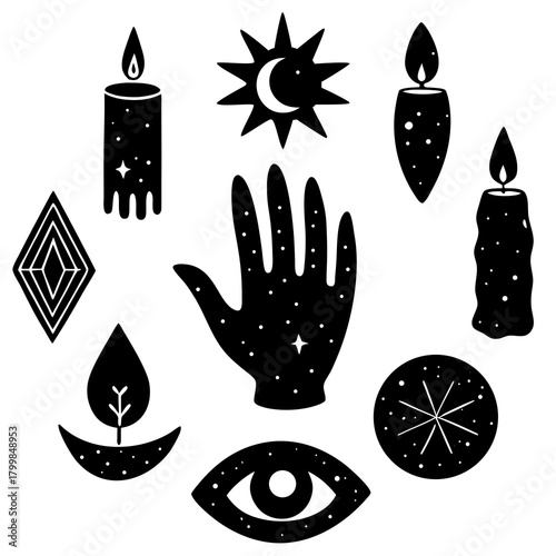 Mystical symbols collection featuring candles hand moon eye and geometric shapes