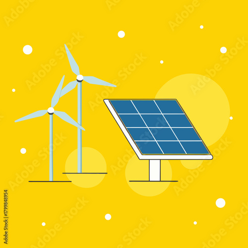 Clean energy sources wind turbines and solar panel illustration on yellow background