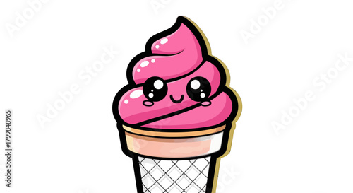 Cute Pink Ice Cream Cone with Kawaii Face Illustration.