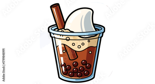 Delicious Bubble Tea Drink with Creamy Topping and Cinnamon Stick.