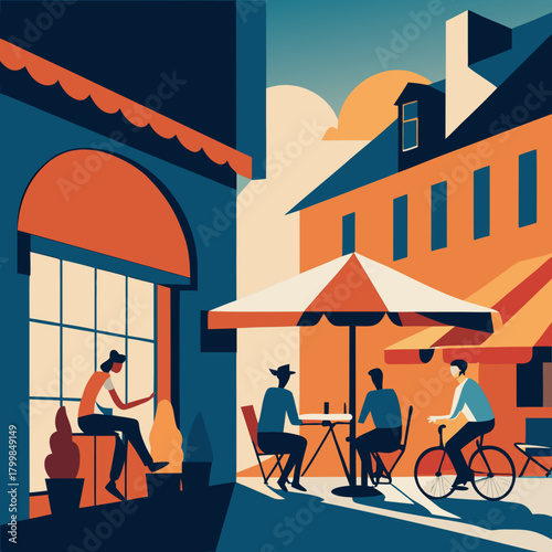 Stylized urban scene with people enjoying outdoor cafe and cycling