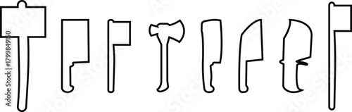 Axe, Hammer, and Knife Icon Set, Collection and Group of Sharp Tool, Weapon, and Blade Symbols, Black Line Vector Battle Equipment, Woodcutting Tool, and Metal Armory Design