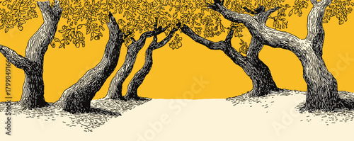 A drawing of trees with a yellow background. The trees are not very detailed, but they are the main focus of the image