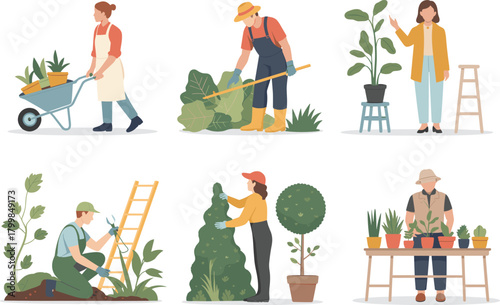 Gardening scene set with pruning, raking, shaping topiary, wheelbarrow, potted plants, and garden tools in vibrant vector style