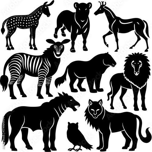 Collection of stylized black silhouette safari animals and wildlife creatures