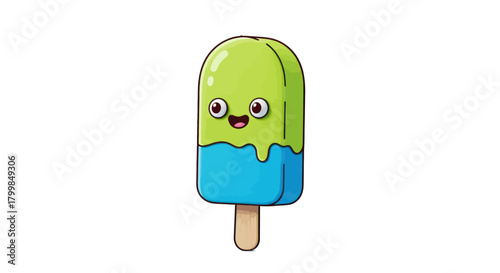 Cute Cartoon Popsicle with Green and Blue Layers Smiling.