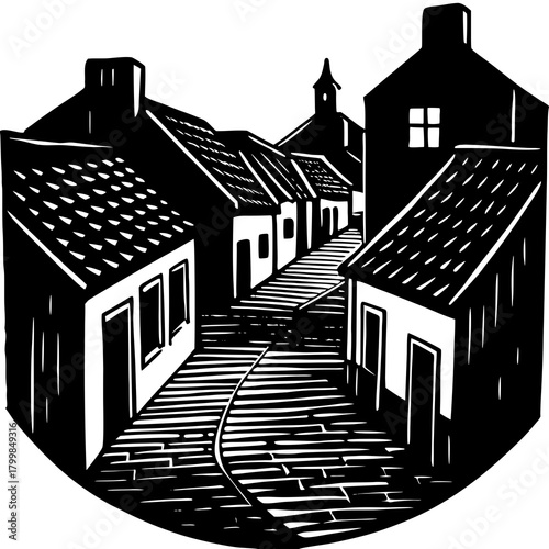 Black and white illustration of a cobblestone street lined with old buildings