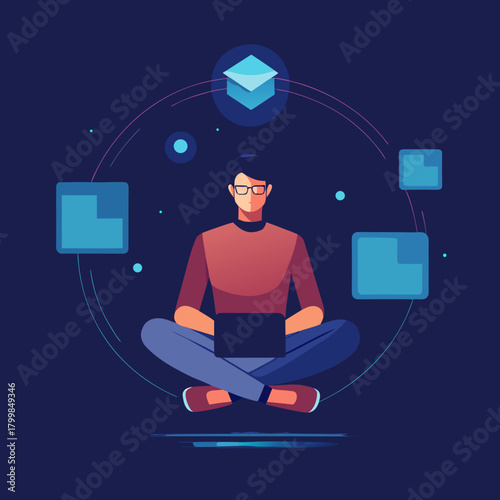 Man in lotus position with laptop and digital learning elements