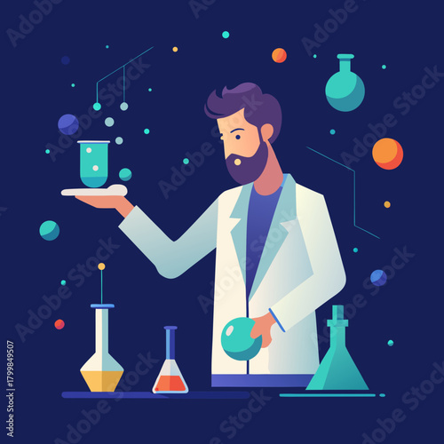Scientist in lab coat conducting experiment with beakers and bubbles