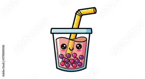 Cute Bubble Tea Illustration with Kawaii Eyes and Straw.