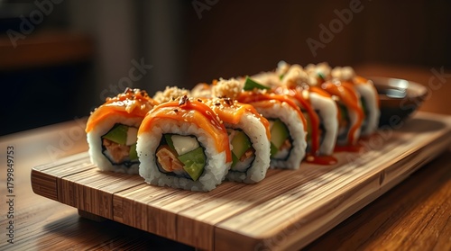 Fresh Japanese salmon sushi rolls, a gourmet seafood meal or appetizer on a white plate.	